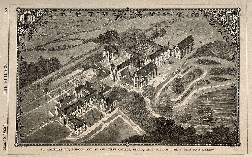 St. Aloysius's Schools and St. Cuthbert College, Ushaw, near Durham. Wood engraving by I.S. Heaviside, 1860, after B. Sly…