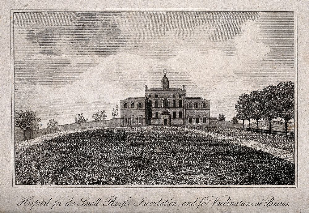 The Smallpox Hospital, St Pancras, London: with a wide expanse of grass in the foreground. Engraving.