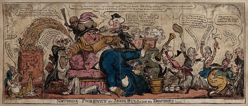 John Bull as a patient, in disarray, reclines on a sofa and receives medical treatment from politicians. Coloured etching by…