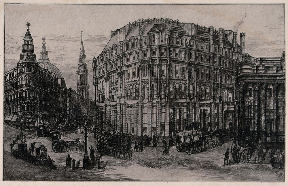 The City of London: part of Mansion House Street with St. Paul's in the background. Etching, 1888.