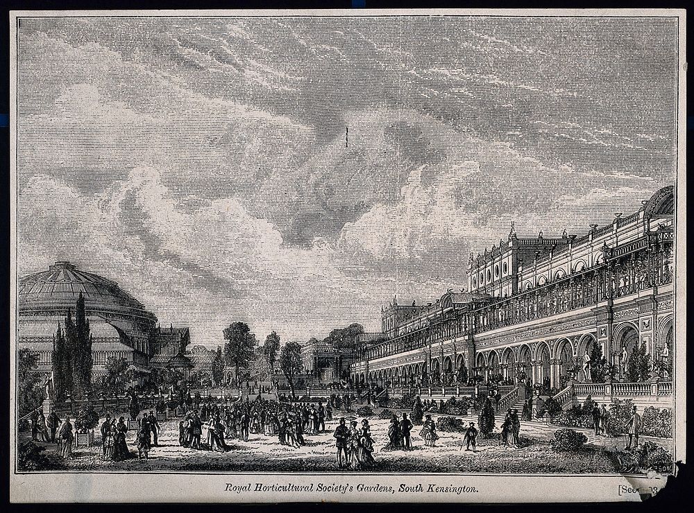 The site of the 1862 Exhibition, as redesigned for the Royal Horticultural Society: looking north, the Albert Hall in the…