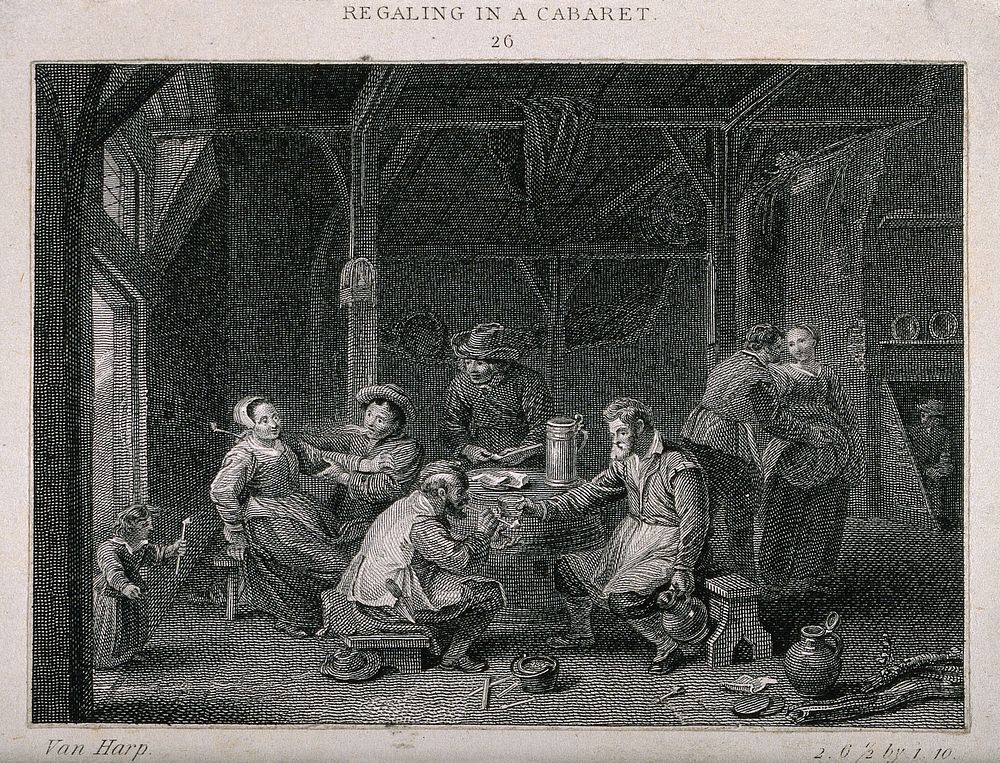 Men and women in a dingy tavern smoking and drinking round a large barrel table. Etching by J. Taylor , c. 1800, after G.…