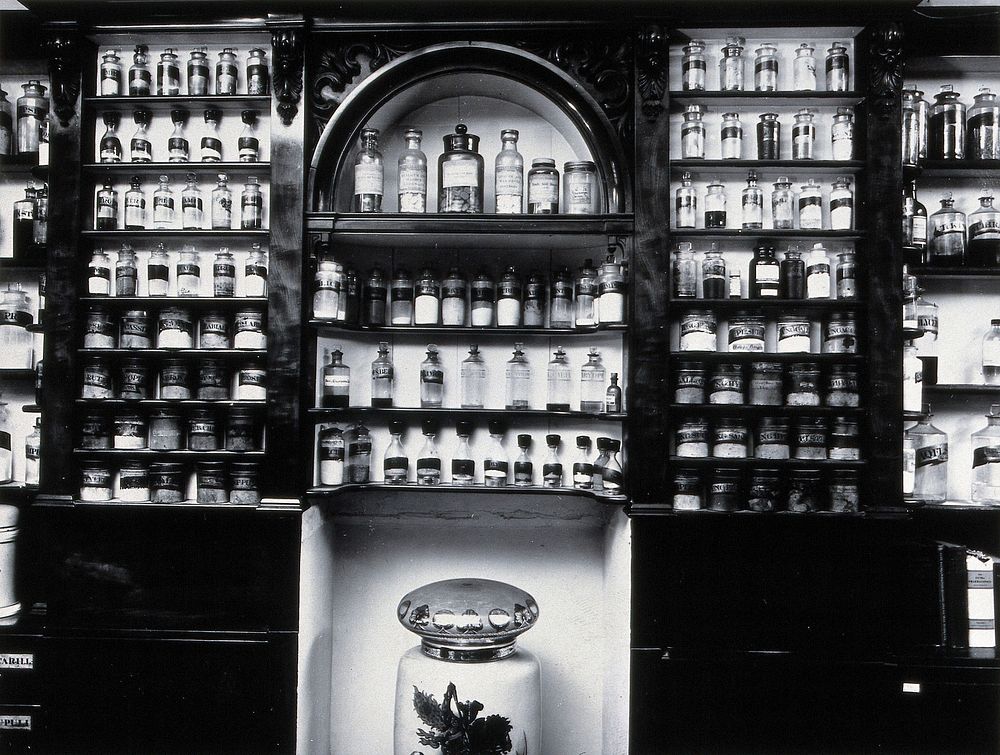 Savory & Moore Ltd, London: the interior of the pharmacy; wooden shelves with labelled bottles and jars holding drugs.…