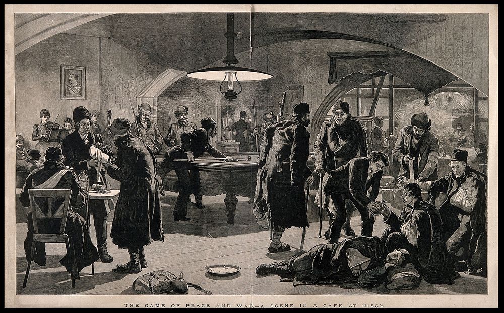 Serbo-Bulgarian War: a café scene in Nisch where soldiers and the wounded are at leisure. Wood engraving.