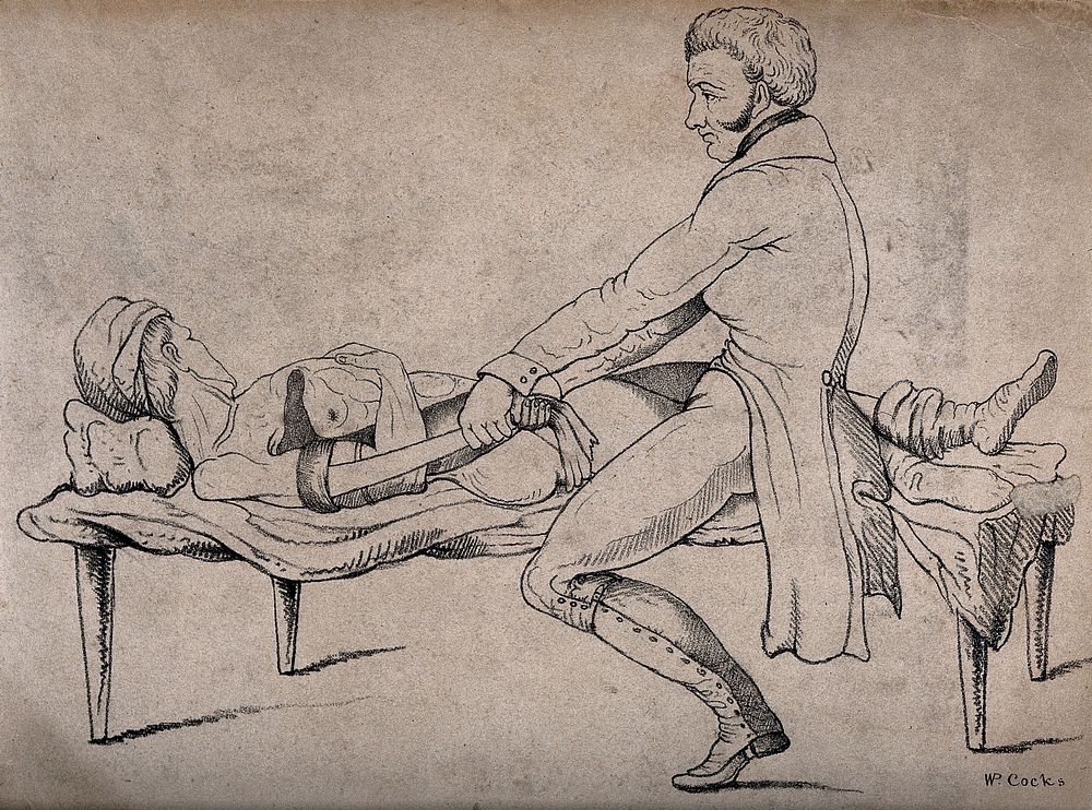 A surgeon treating a man's dislocated shoulder. Lithograph by W.P. Cocks, ca. 1831.