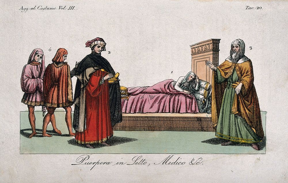 A woman recovering from childbirth; a physician; and three people. Coloured engraving, 183-.