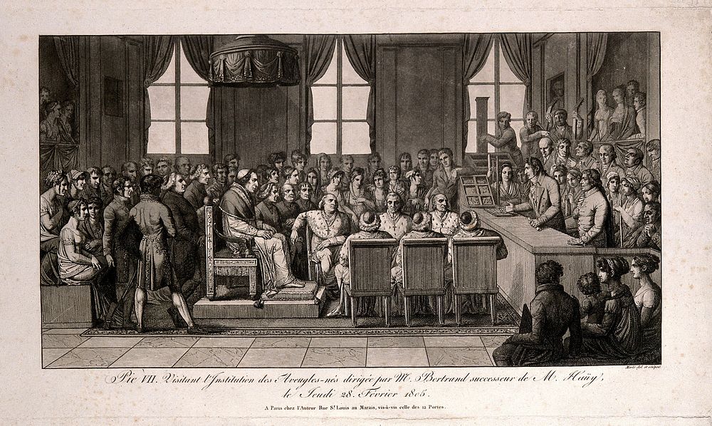 The Institut National des Aveugles-nés, Paris: interior during the visit of Pope Pius VII. Aquatint with etching by Marlé…