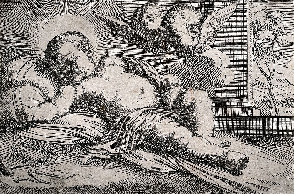 The Christ Child and angels with the instruments of the Passion. Etching after G. Reni.