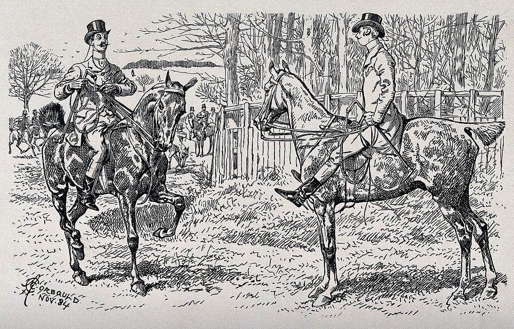 Two horsemen meeting on a turf. Wood engraving by A. C. Corbould.