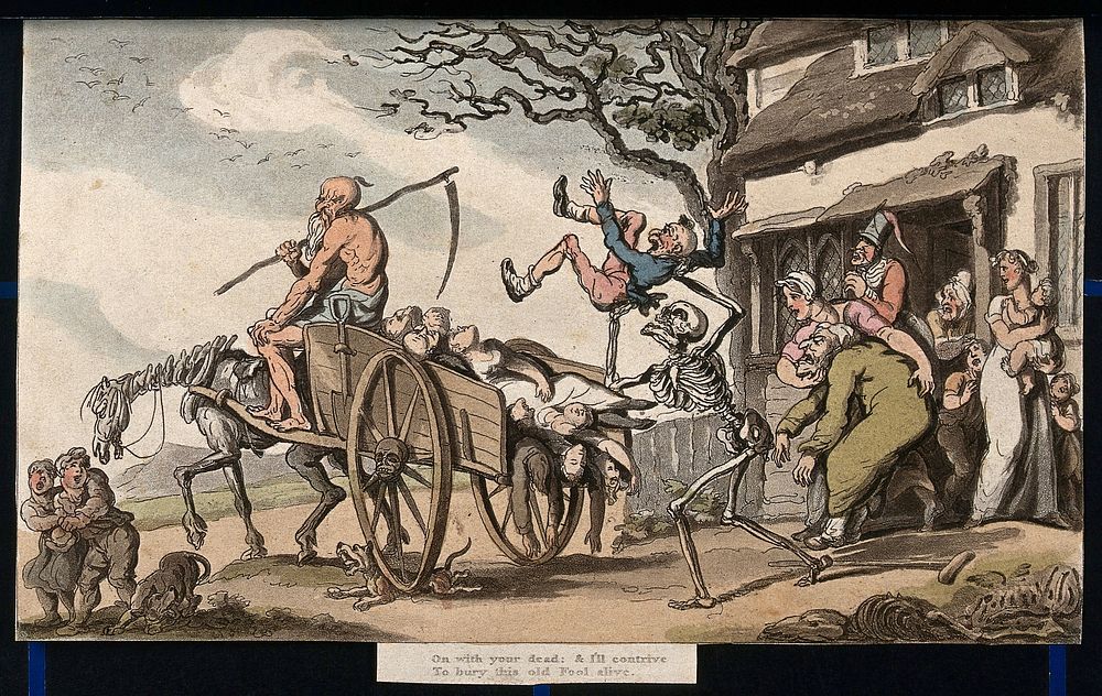 The dance of death: time & death, and goody barton. Coloured aquatint after T. Rowlandson, 1816.