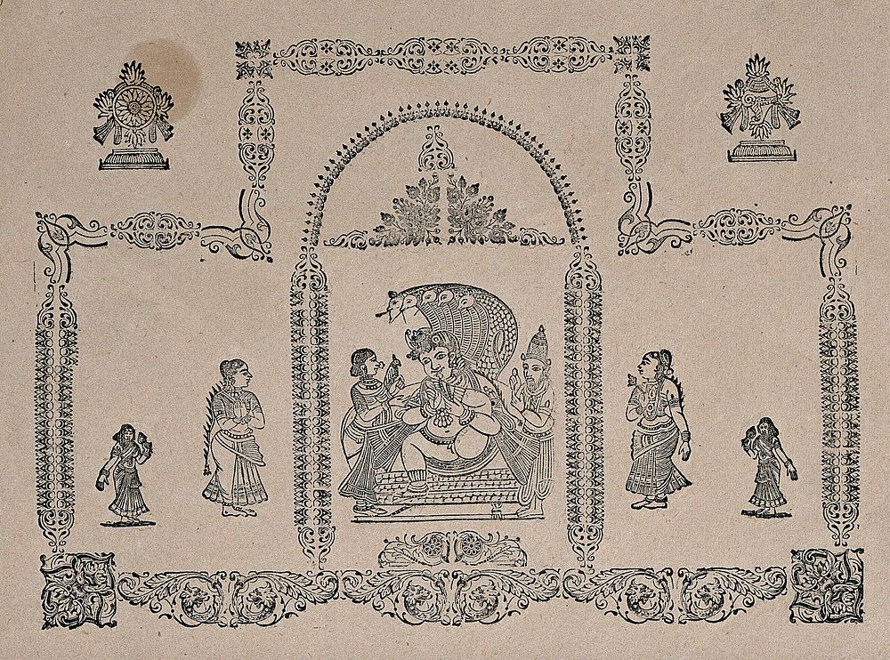 Baby Krishna sucking his toes, on his cobra throne, attended by female attendants, all surrounded by decorative borders.…