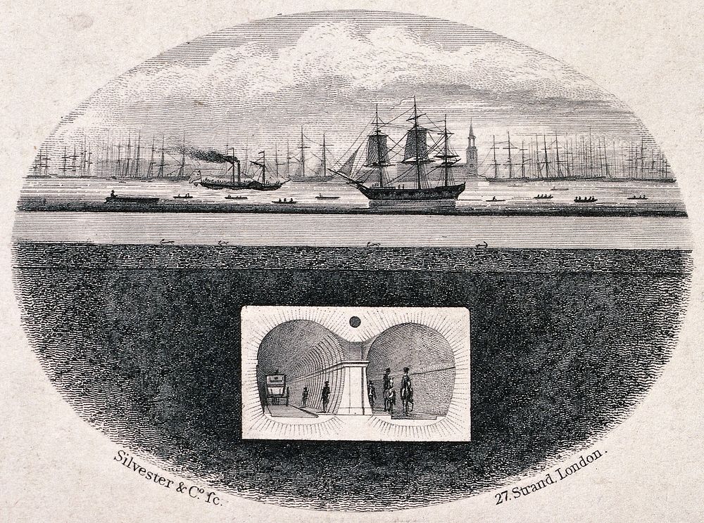 The Thames river, London: a cross-section of the first tunnel under the river, shipping in the river, and Rotherhithe…