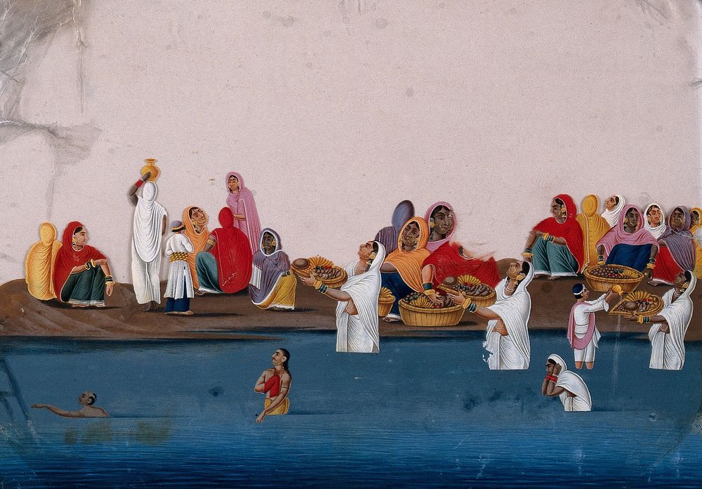 People bathing and praying in the Ganges, while a group of women sit on the shore selling religious items. Gouache painting…