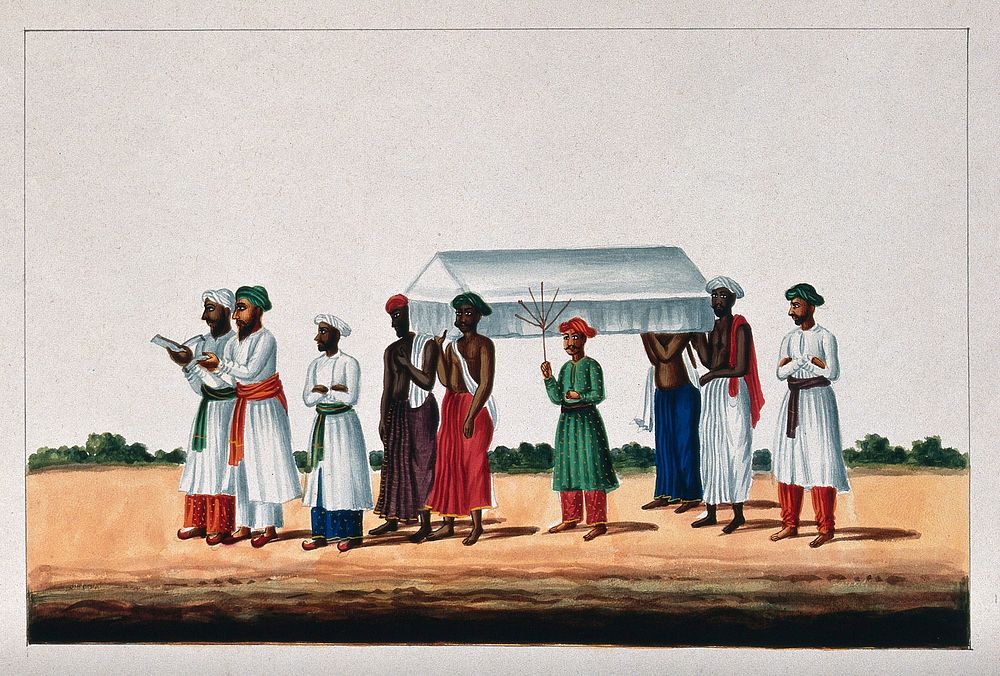 Four Muslims carrying a coffin for burial at the mosque preceded by two men reading from a holy book. Gouache painting by an…