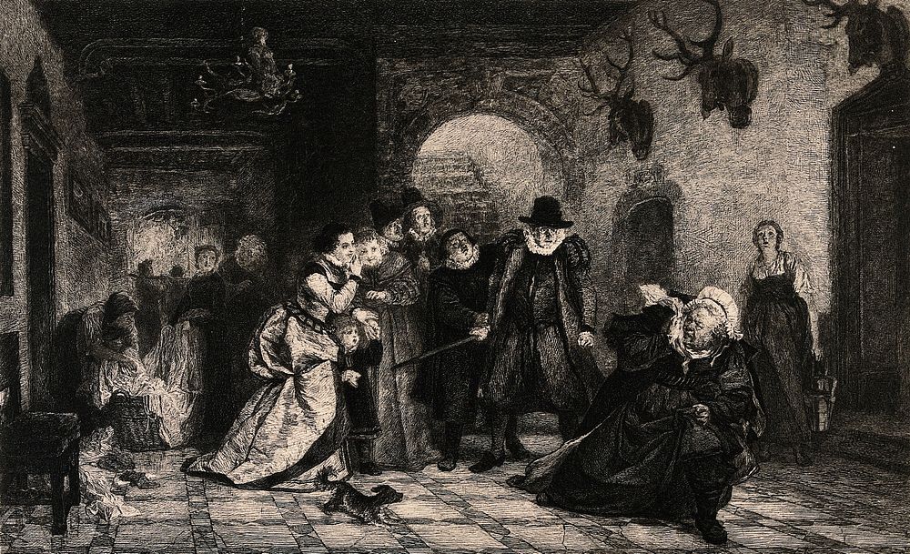 An episode in The merry wives of Windsor: Ford raises a stick to beat Falstaff disguised as Mrs Ford's maid's aunt. Etching…
