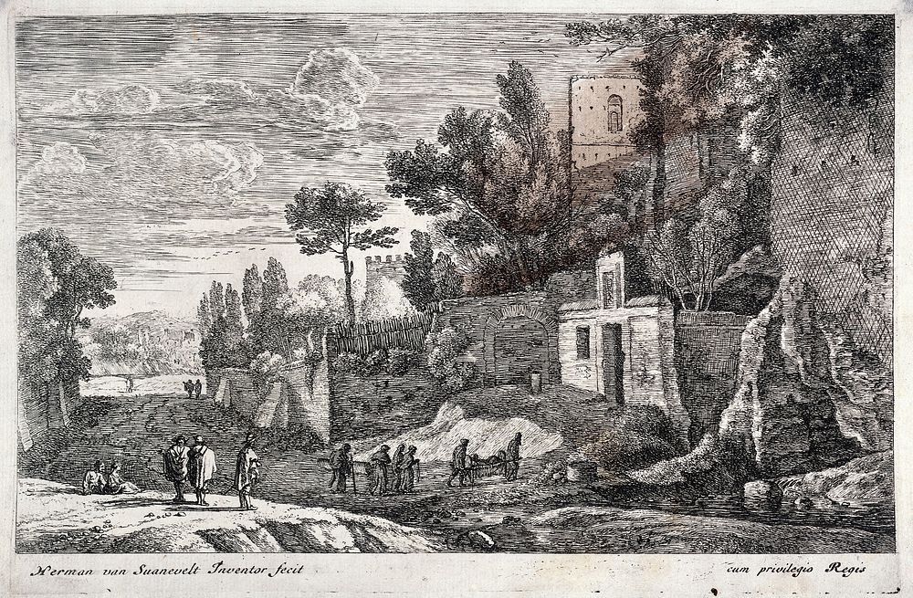 An Italian landscape in which a sick person is being carried to a hospital. Etching by H. van Swanevelt.