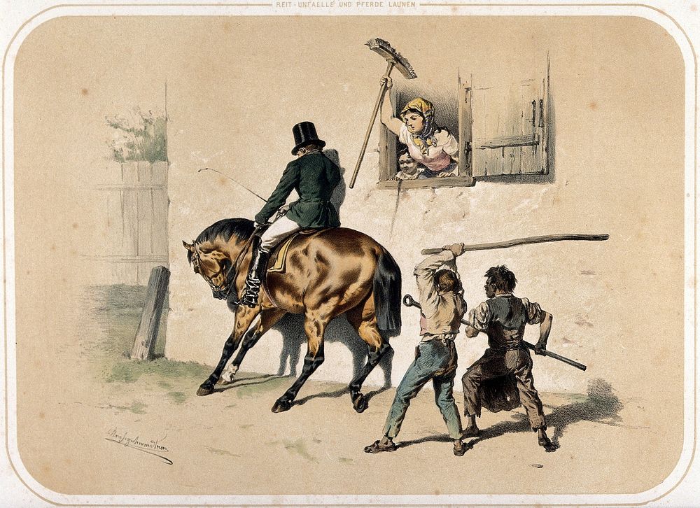 A horse leans against a house wall, trapping its rider and refusing to move; a woman at the open window raises a sweeping…