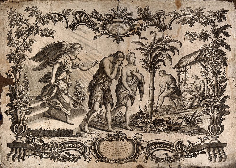 The fall; expelled from Eden, Adam and Eve raise a family and set to work. Engraving by Scotin, c. 1765.