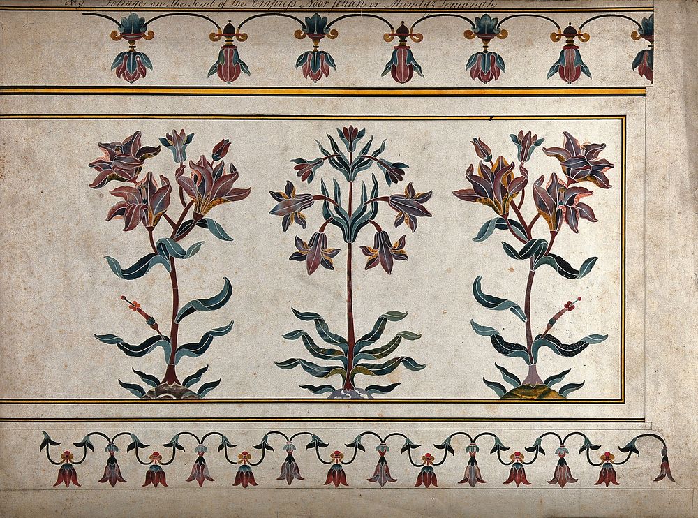 Taj Mahal: floral decoration in pietra dura on the tomb of the Empress Noor Jahan. Gouache painting by an Indian artist.
