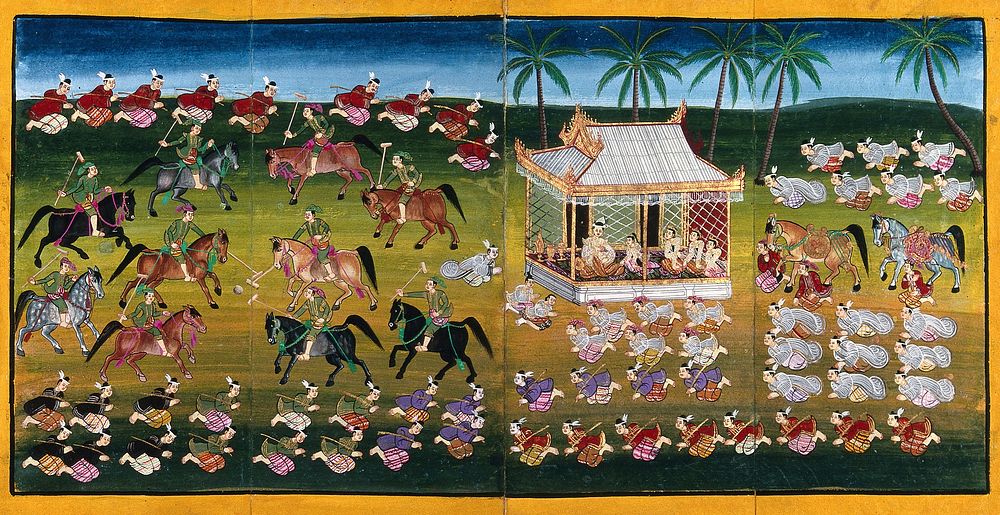 Burma: horsemen play polo as courtiers pay homage to the king. Gouache painting.