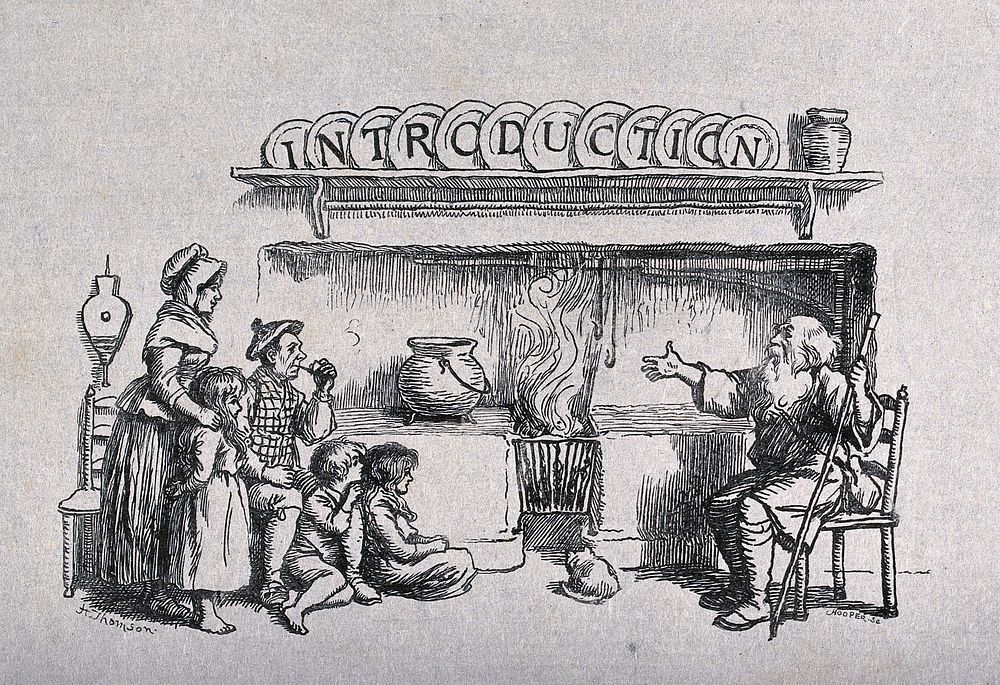 An old man sits by a fire in a crofter's cottage, about to tell his story to the family that lives there. Engraving by J.…