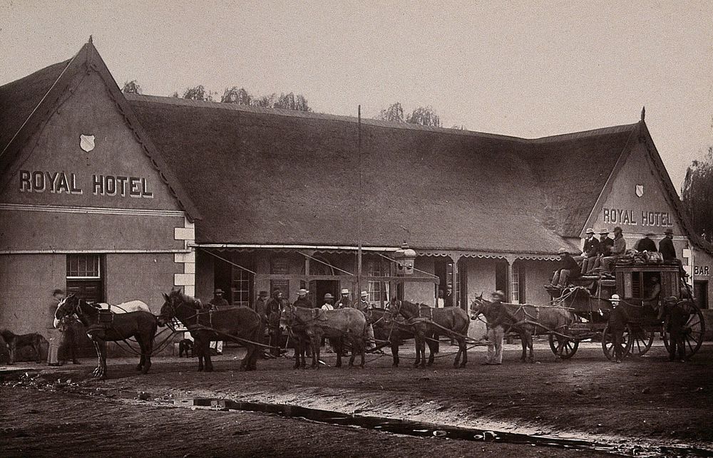 Potchefstroom, South Africa: a goldfields coach and horses at the Royal Hotel. Woodburytype, 1888, after a photograph by…