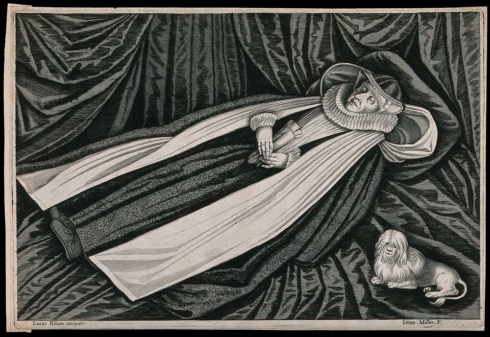 The corpse of a lady wearing a ruff and an elaborate head-dress lying on a bier guarded by a dog. Engraving with etching by…