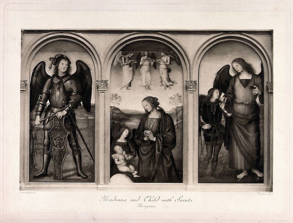 Saint Mary (the Blessed Virgin) with the Christ Child, Saint Michael and Raphael with Tobias. Photogravure after P.…