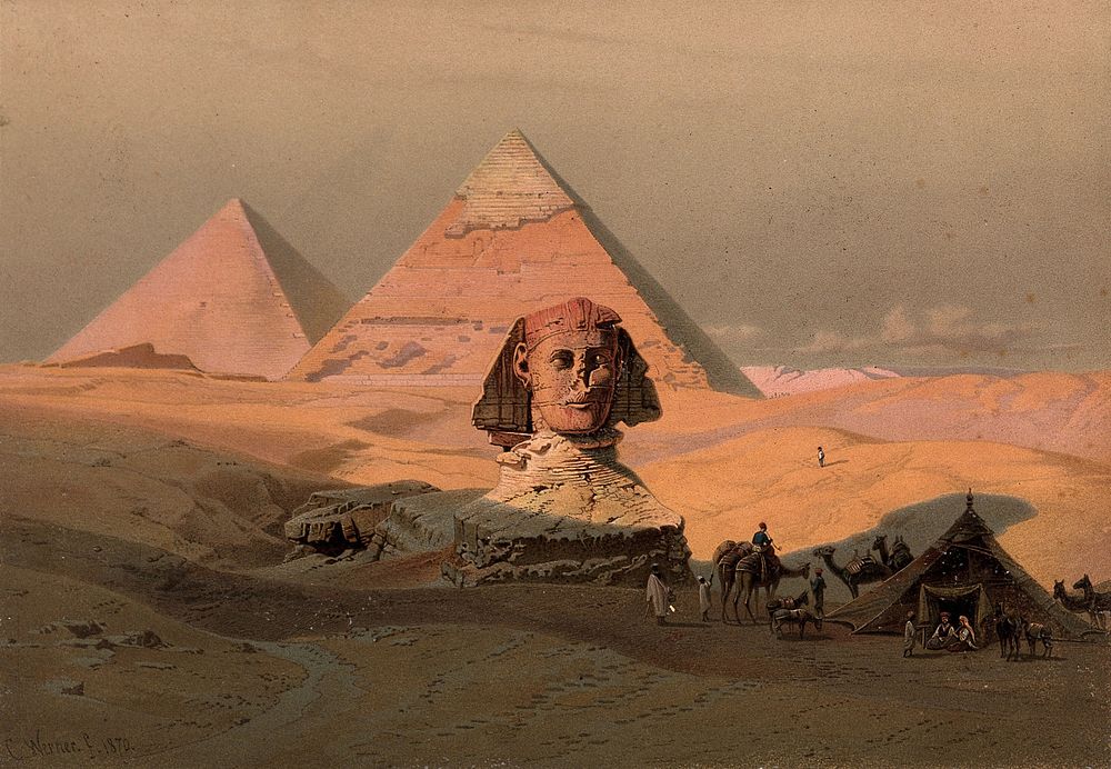 Egypt: the pyramids at Giza and the Sphinx. Colour lithograph by G.W. Seitz, ca. 1878, after Carl Werner, 1870.