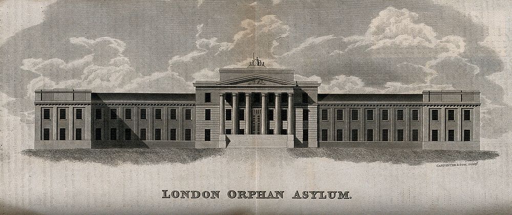 The London Orphan Asylum, Clapton: the facade as planned. Engraving by W. H. Carpenter and W. Carpenter, c.1821.