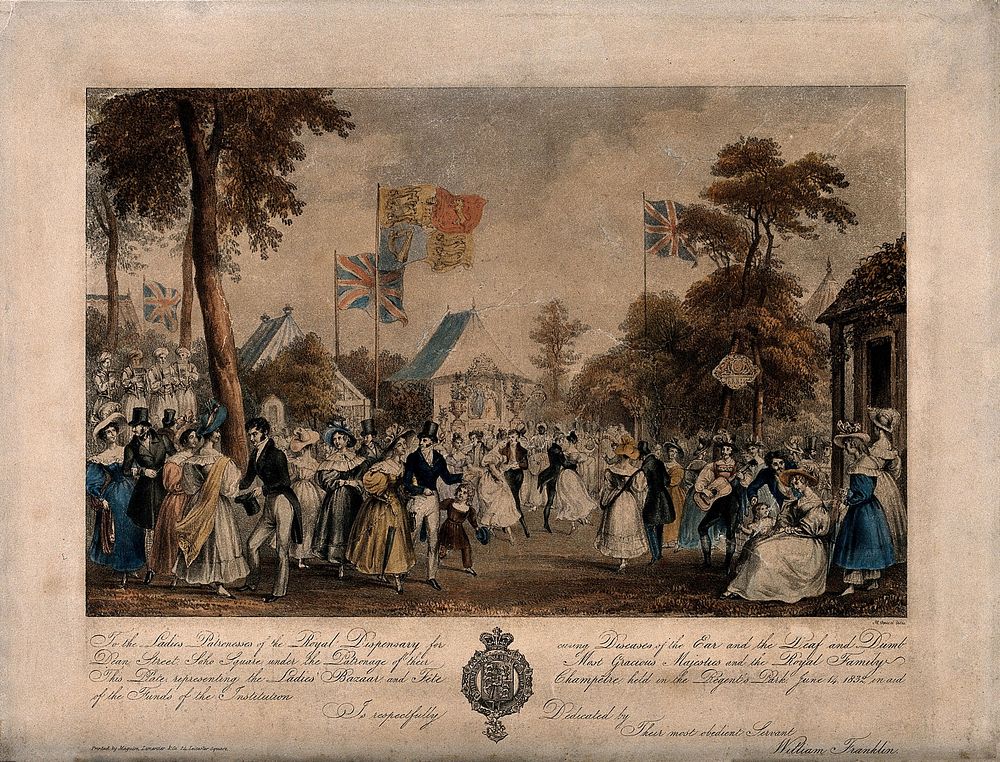 Regent's Park, London: a charity fair for the Royal dispensary for diseases of the ear. Coloured lithograph by M. Gauci…
