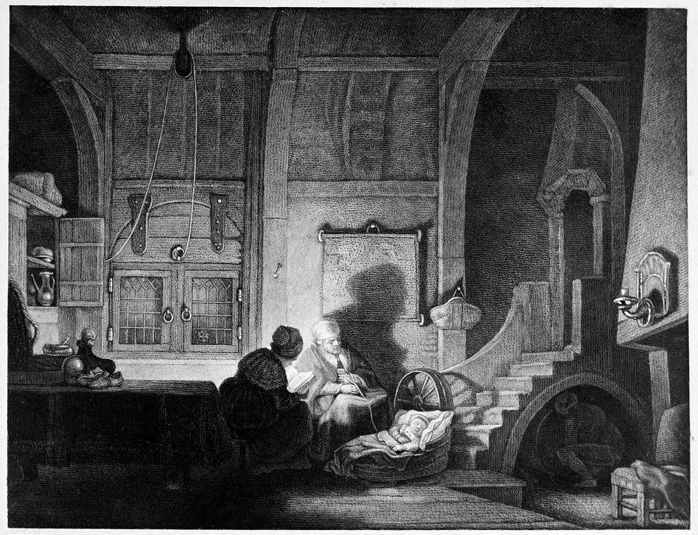 Two people watching over the cradle of a sleeping baby at night. Aquatint after Rembrandt van Rijn, 1644.
