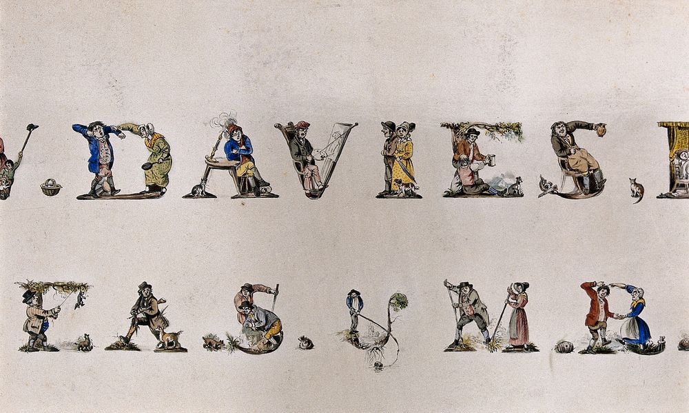 Vignettes of daily life, forming decorated letters spelling the name of William Davies. Painting attributed to Stephen…