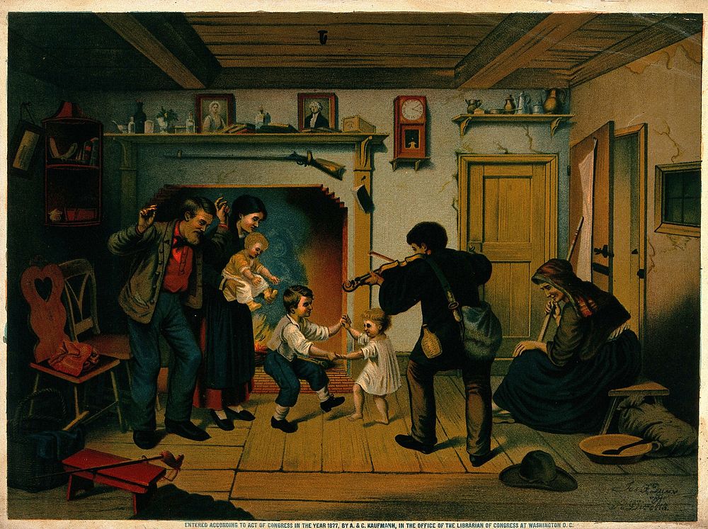 A young black man playing the violin for a white family in their house: a man, his wife and their two children are dancing…