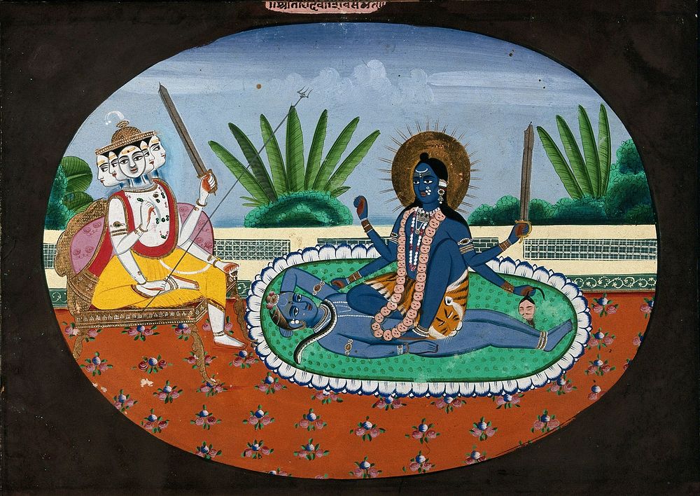 Left, Sadashiva, with five heads and five pairs of arms, seated on a throne and holding a sword; right, the goddess Kali…