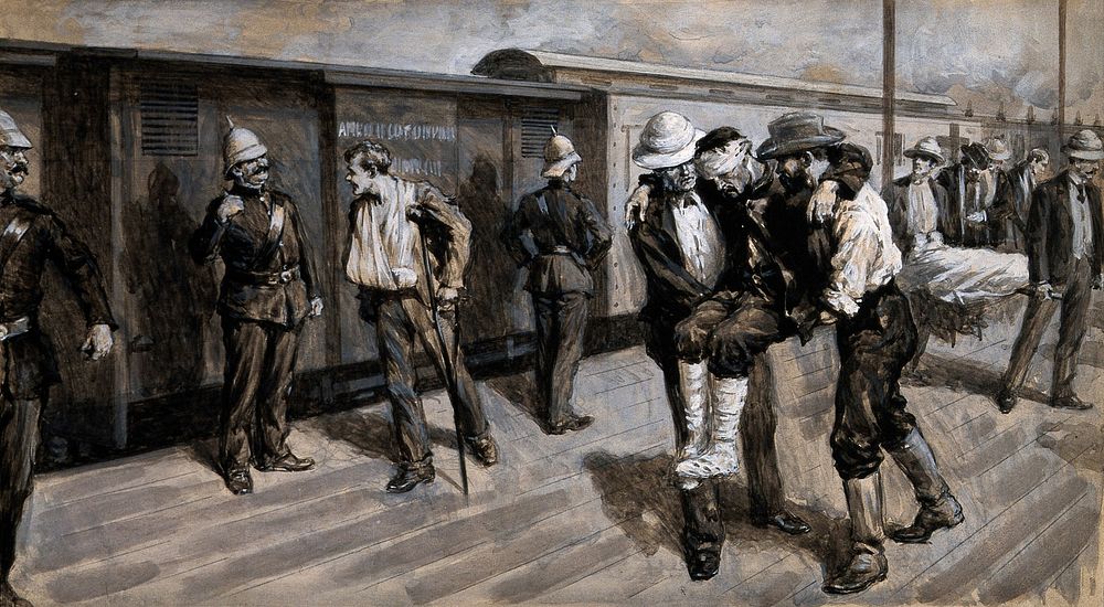 Boer War: wounded soldiers arriving at Pretoria train station after Modder Spuit. Watercolour sketch, 1900.