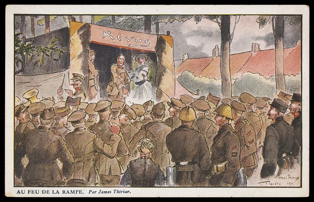 Soldiers watching a revue. Colour process print, ca. 1916, after J. Thiriar.