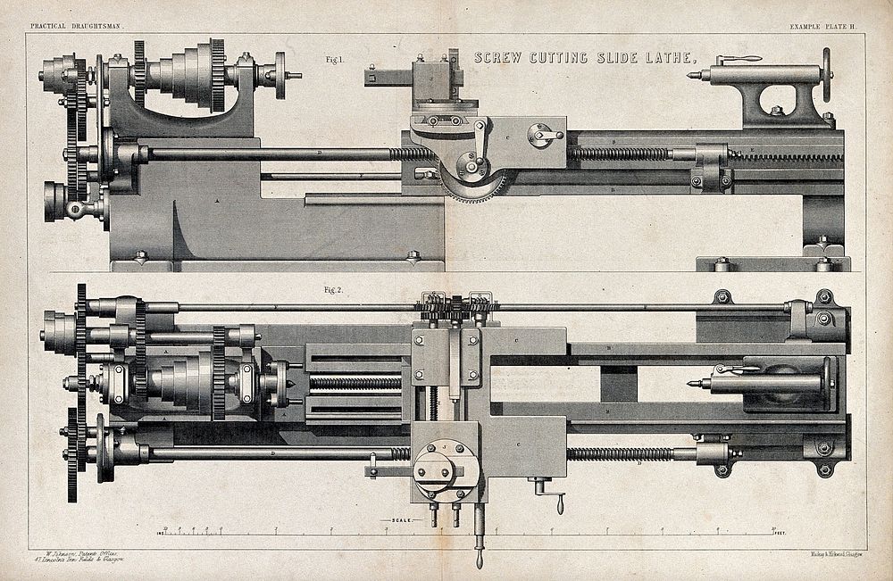 An industrial lathe for cutting screw threads: from the side (upper figure) and from above (lower figure). Lithograph by…