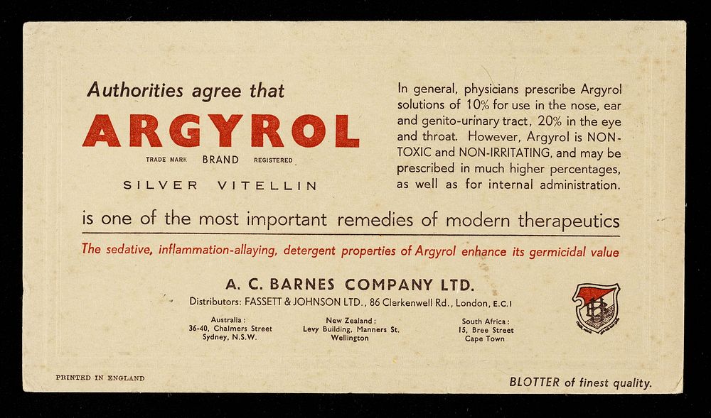 Authorities agree that Argyrol is one of the most important remedies of modern therapeutics.