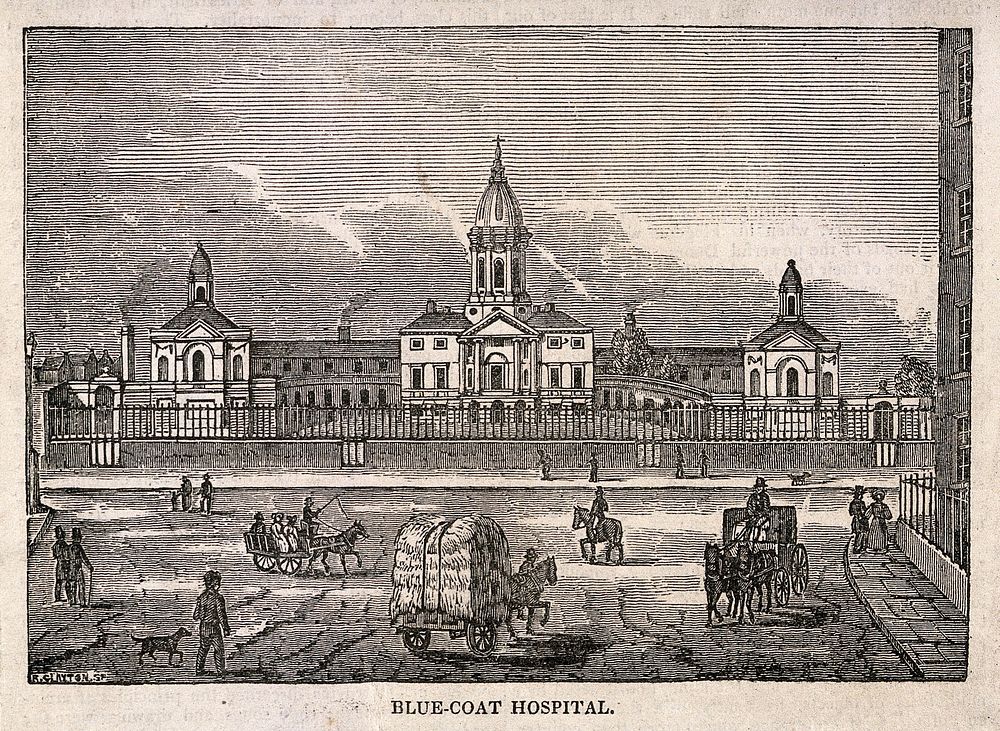 Blue-coat Hospital, London: the front elevation, with horse-drawn and pedestrian traffic in the foreground. Wood engraving…