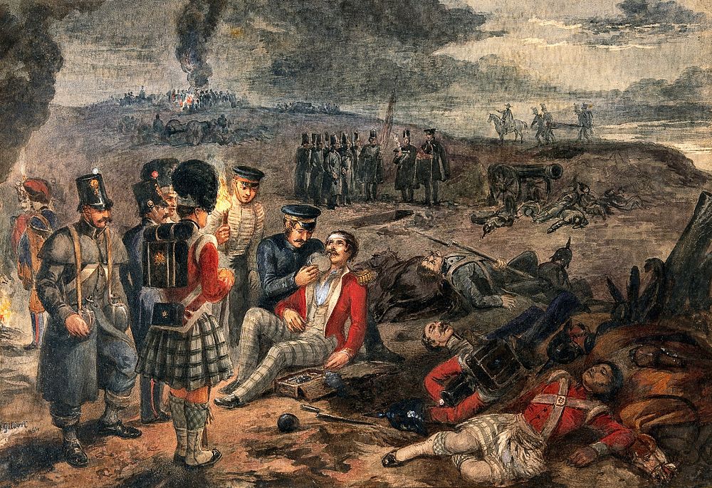 Aftermath of a battle with wounded soldiers. Watercolour after Sir J. Gilbert .