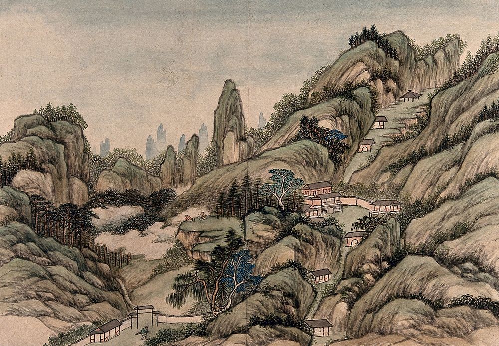 A Chinese landscape with green hills and small buildings. Gouache by a Chinese artist, ca. 1850.