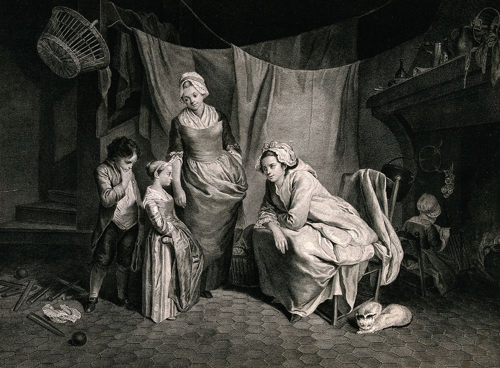 Two women reprimanding two children. Engraving by J. Chevillet, 1785, after J.A. de Peters.