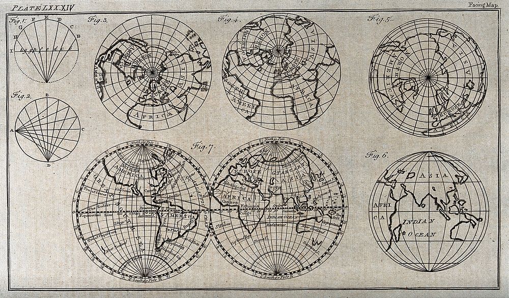 Geography: six views of the Earth, showing different ways of projecting information. Engraving.