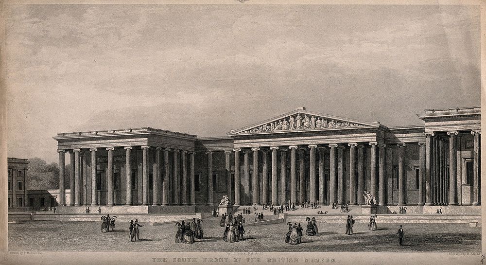 The British Museum: the entrance facade as built. Engraving by H. Adlard after F. Mackenzie.