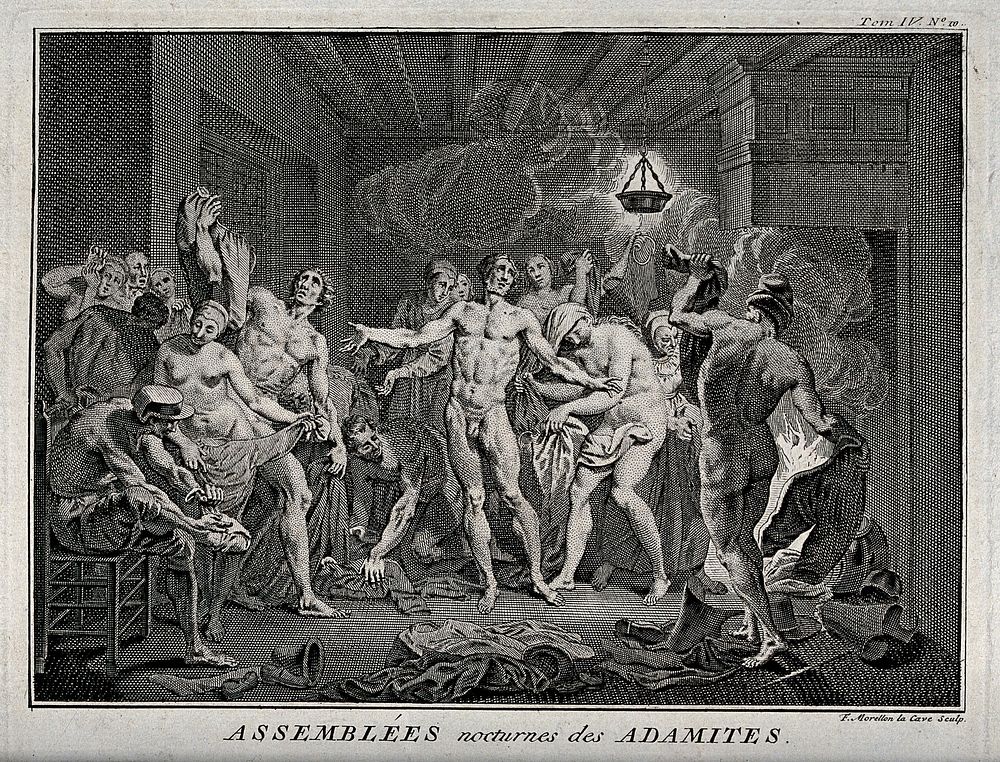 A nocturnal assembly of the Adamites begins; everybody takes their clothes off. Etching by F. Morellon la Cave.