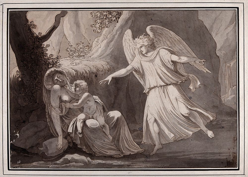 Hagar and Ishmael in the wilderness. Ink drawing by J.H. Lips, 1785.