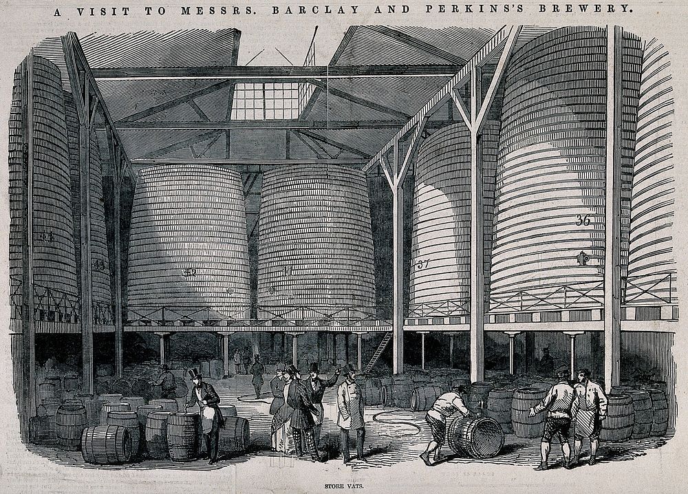 Barclay and Perkins brewery, Southwark: visitors in a store for vats and barrels. Wood-engraving, 1847.