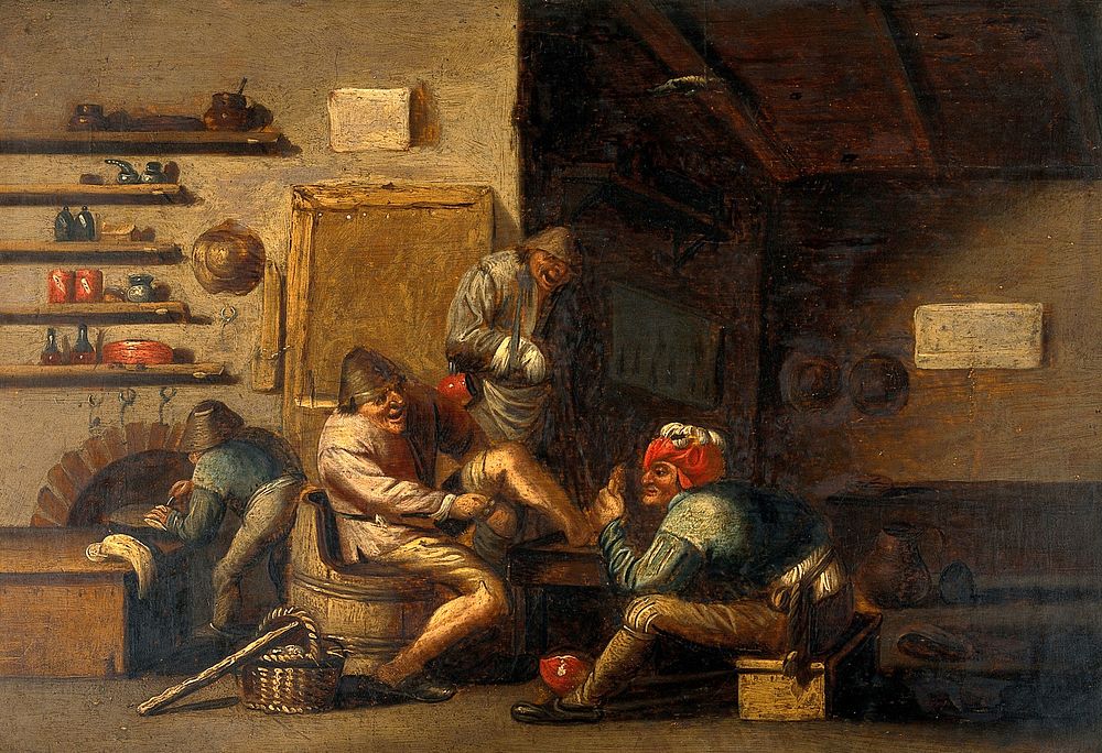 A surgeon operating on a man's foot. Oil painting after Adriaen van Ostade.
