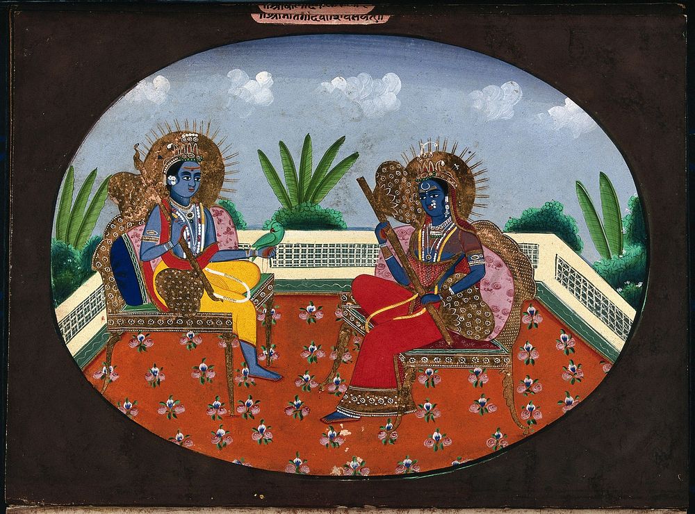 Shiva and Parvati playing Rudra veenas. Gouache painting by an Indian artist.